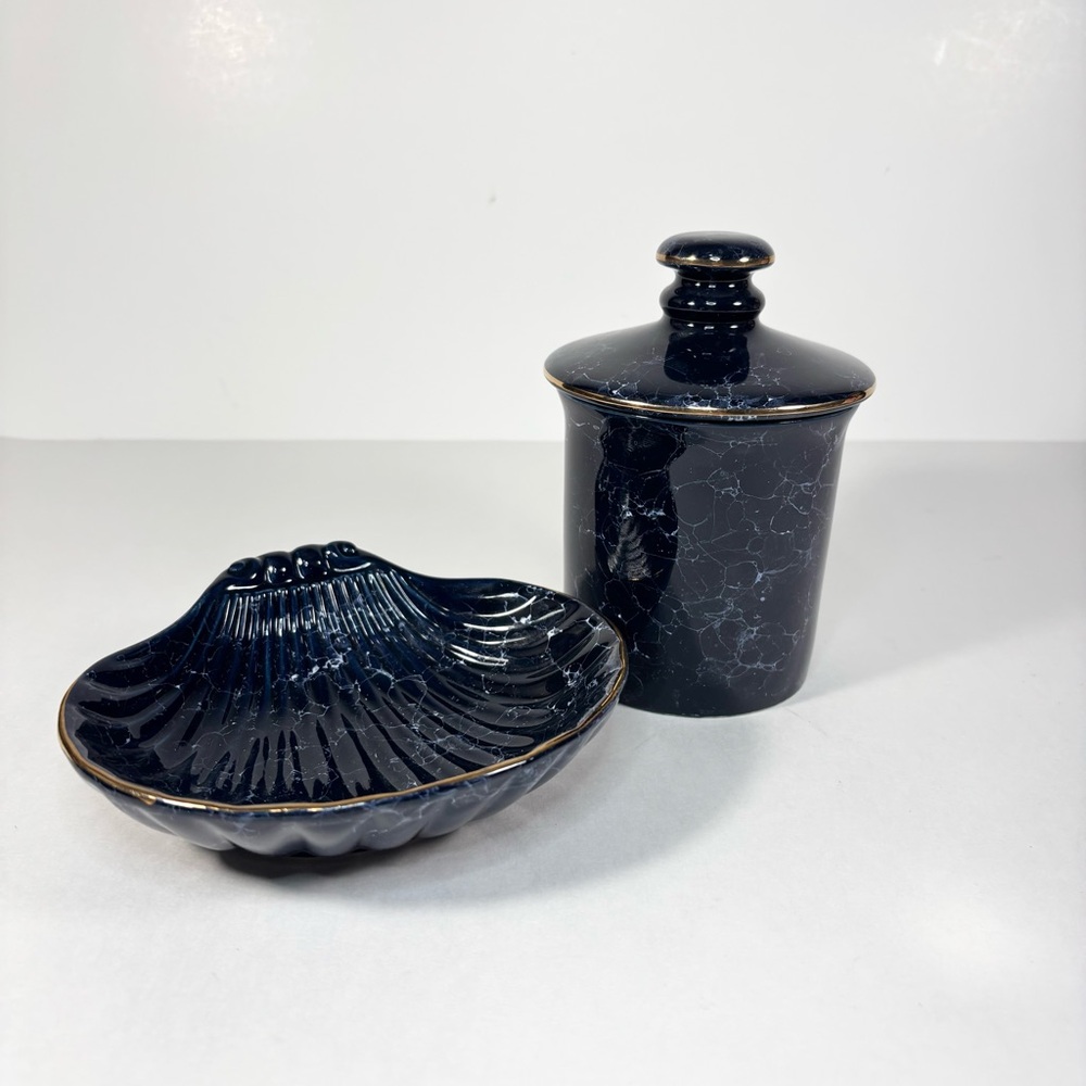 Vtg Ceramic Blue Mirabel Gold Accent Sea Clam Soap Dish Lidded Jar Bathroom Set